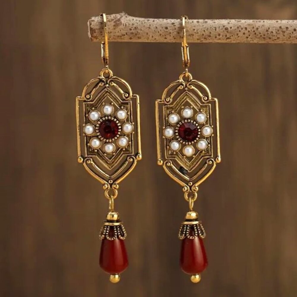 NEW Anastasia Edwardian Antique Gold and Red Seed Pearl Drop Earrings - Picture 1 of 5